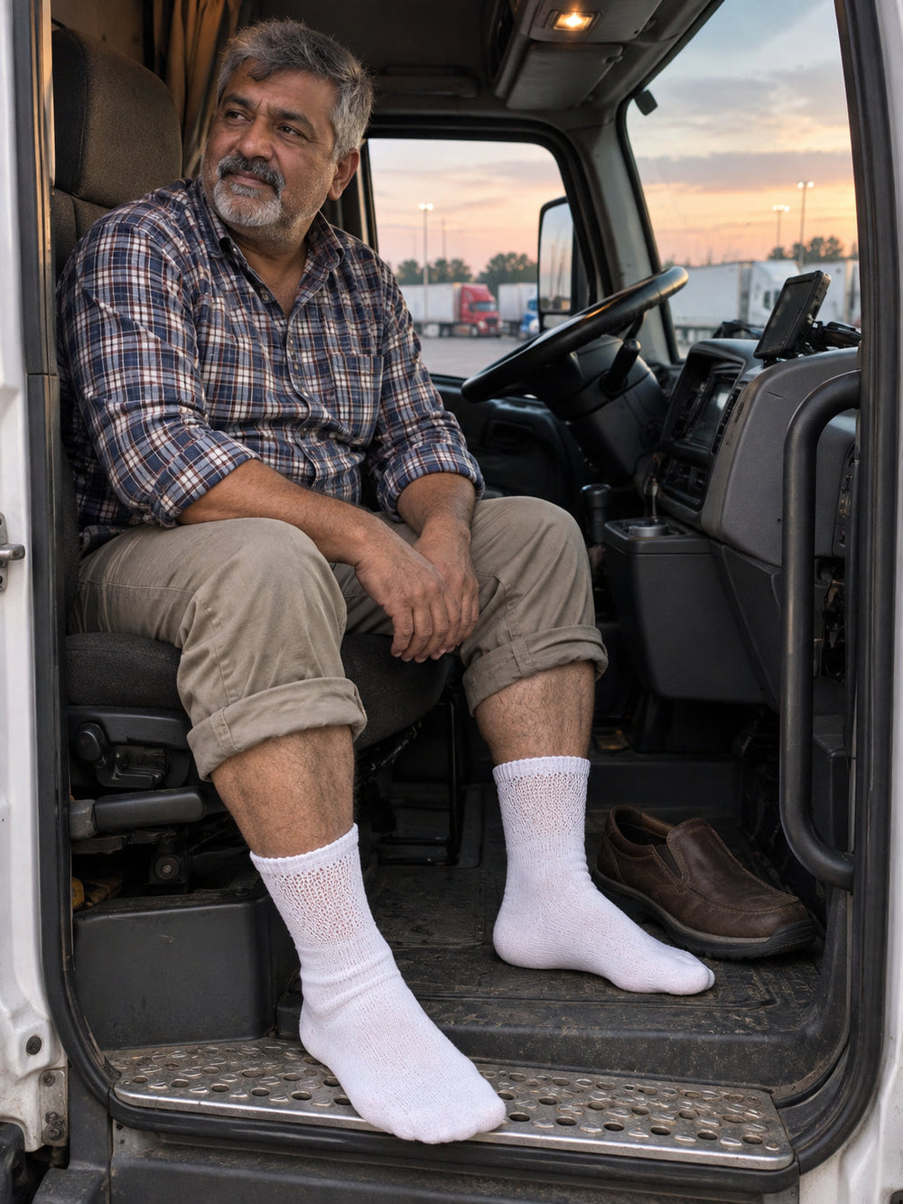 Driver seated in a truck cab at a rest stop, wearing white non-binding diabetic crew socks