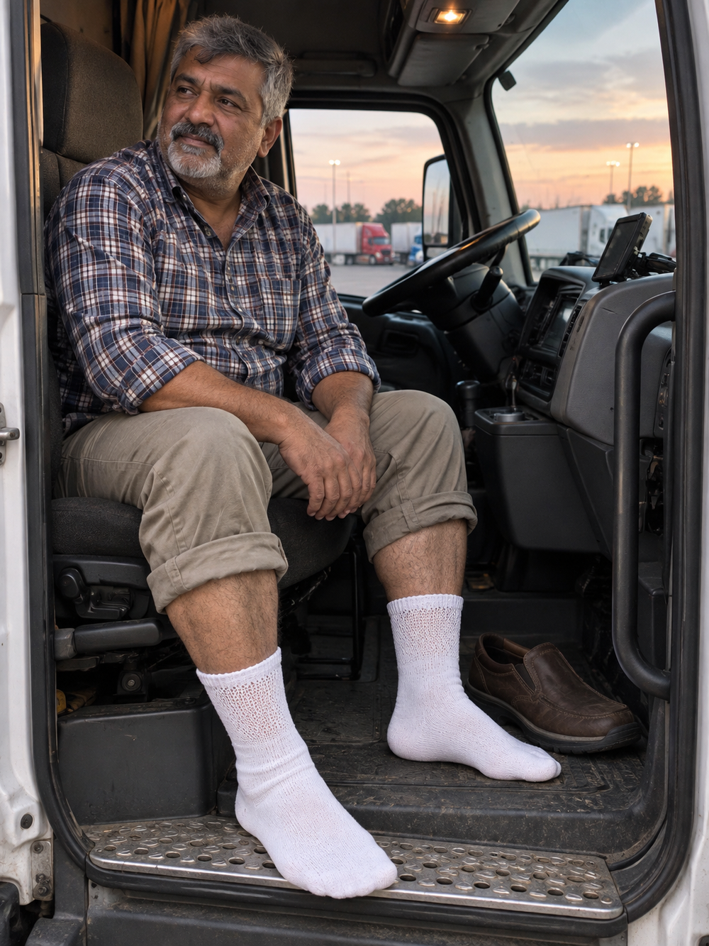 Driver seated in a truck cab at a rest stop, wearing white non-binding diabetic crew socks