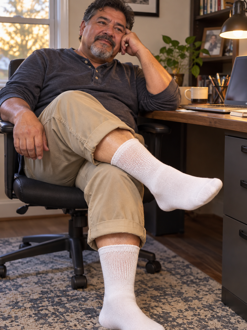 Man seated at a home office desk with one ankle over his knee, wearing white non-binding diabetic crew socks