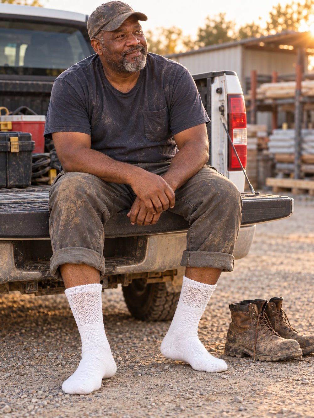 Tradesman seated on a truck tailgate with his boots off, wearing white non-binding diabetic crew socks
