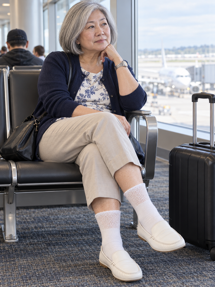 Woman waiting at an airport gate, wearing Diabetic Sock Club compression socks