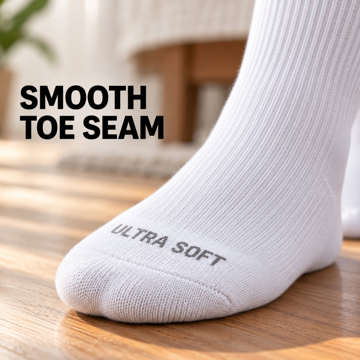 Soft diabetic sock with a smooth toe seam for feet with neuropathy