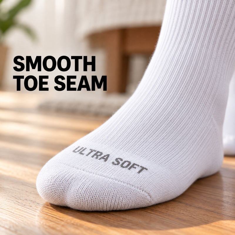 Soft diabetic sock with a smooth toe seam for feet with neuropathy