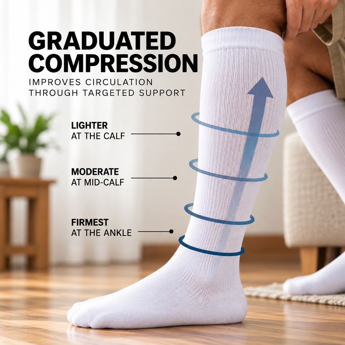 Graduated compression socks, firmest at the ankle