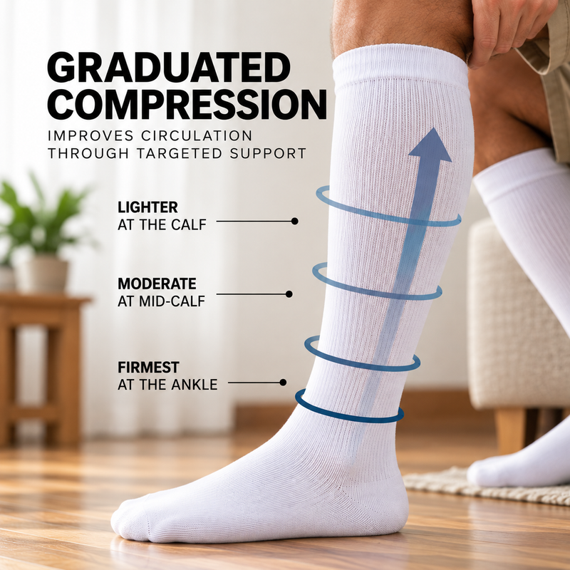 Graduated compression socks, firmest at the ankle