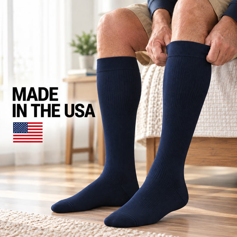 Over-the-calf compression socks, made in the USA