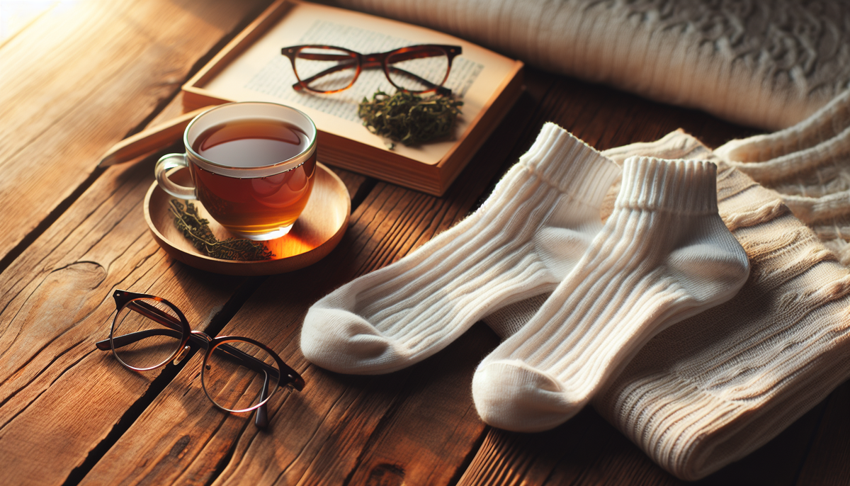 Best socks for neuropathy - soft cotton socks with herbal tea on wooden table