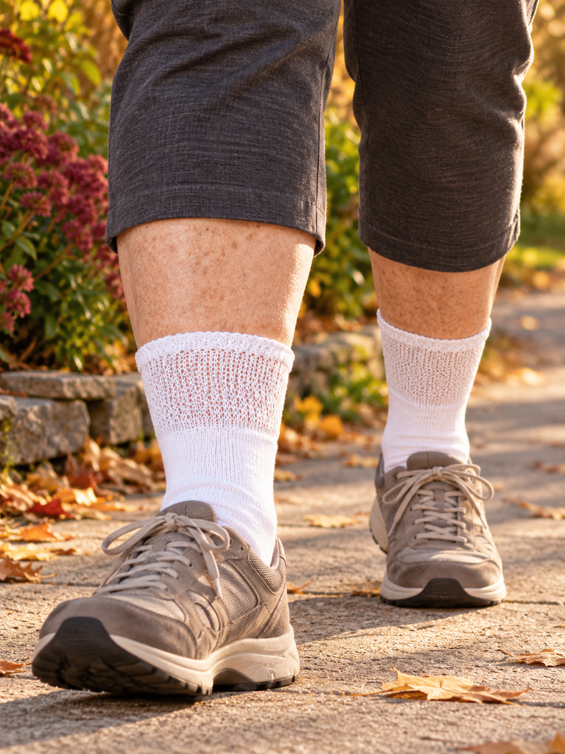 White non-binding crew socks and walking shoes on an autumn path