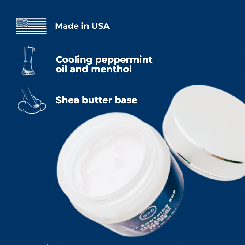 Made in USA, cooling peppermint oil and menthol, shea butter base