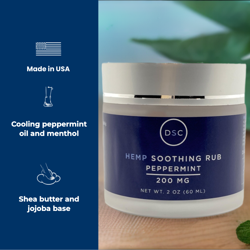 Made in USA, cooling peppermint oil and menthol, shea butter and jojoba base, beside the 200 MG jar