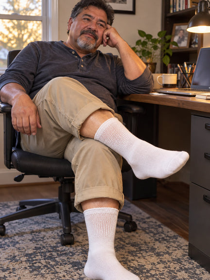 Man seated at a home office desk with one ankle over his knee, wearing white non-binding diabetic crew socks