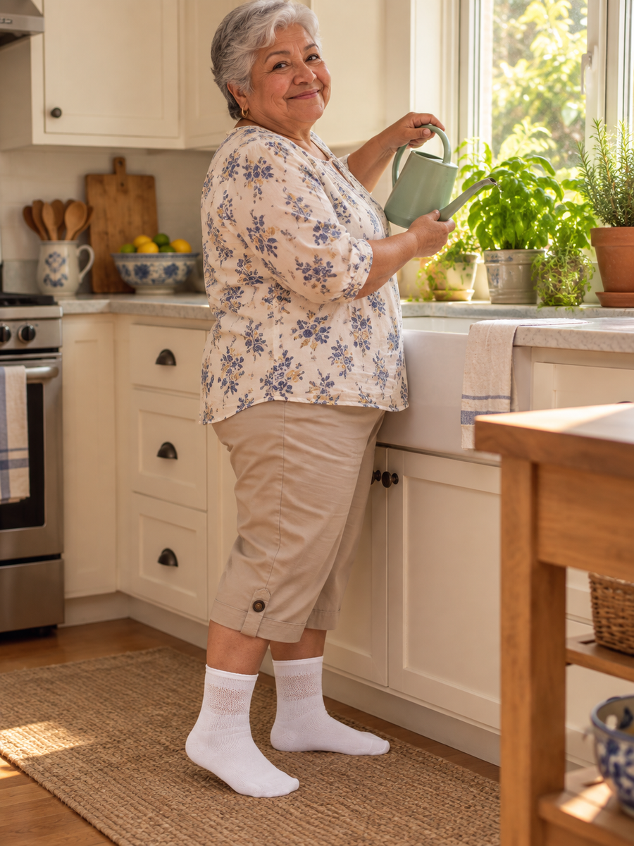 Woman standing at a kitchen window watering herbs, wearing white non-binding diabetic ankle socks