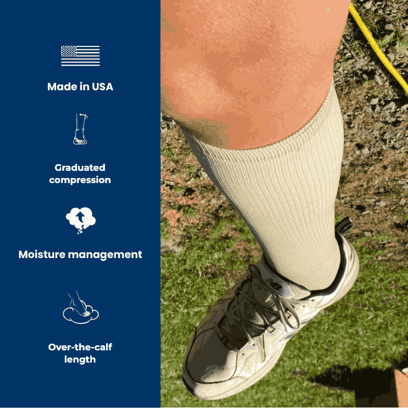 Made in USA, graduated compression, moisture management, over-the-calf length