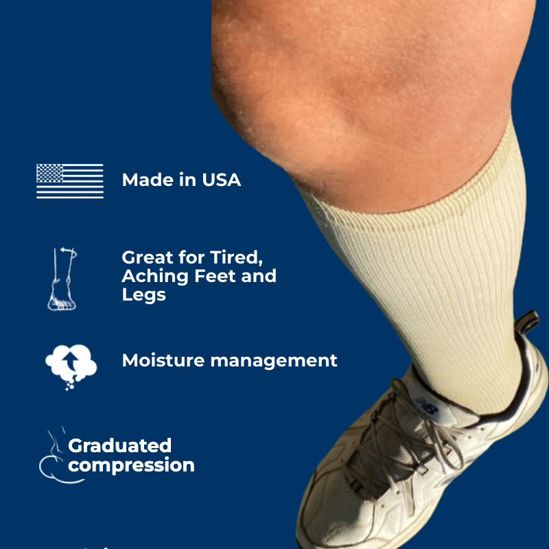 Made in USA, for tired aching feet and legs, moisture management, graduated compression